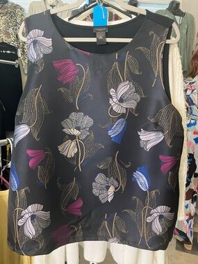 Ann Taylor Factory Black Satin Floral Tank with Metallic Gold Accents